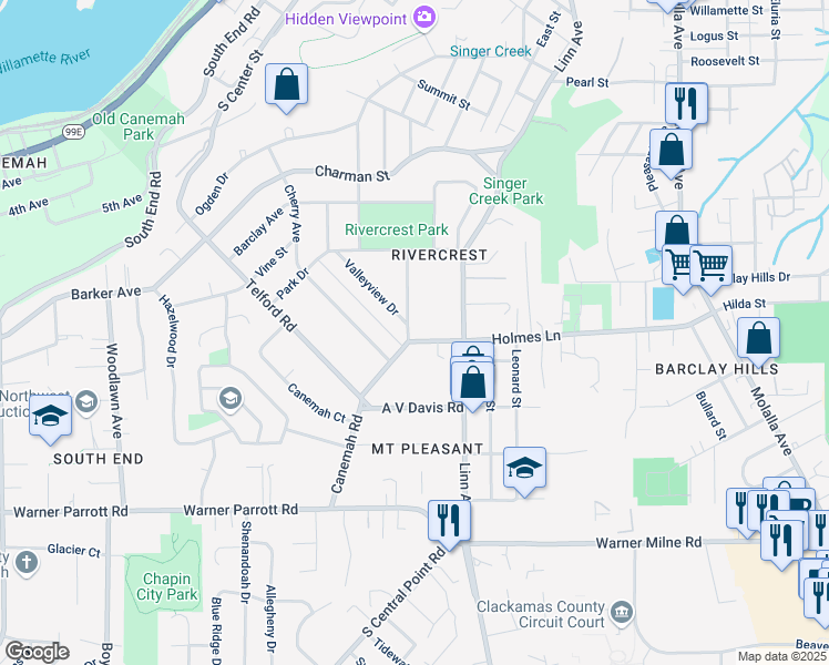 map of restaurants, bars, coffee shops, grocery stores, and more near 180 McCarver Avenue in Oregon City