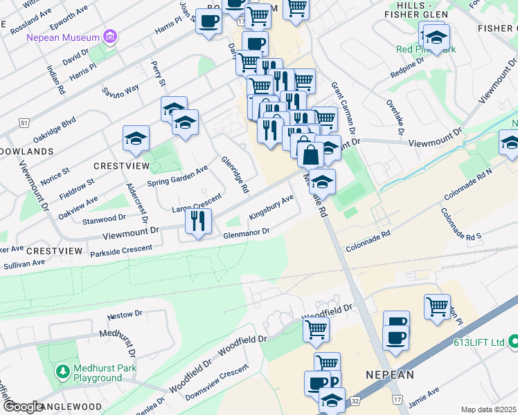 map of restaurants, bars, coffee shops, grocery stores, and more near in Ottawa