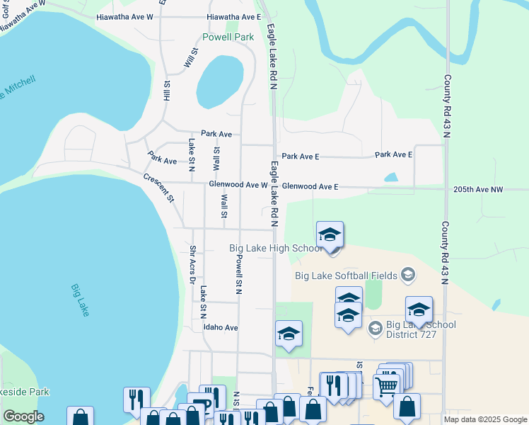 map of restaurants, bars, coffee shops, grocery stores, and more near 1041 Eagle Lake Road North in Big Lake