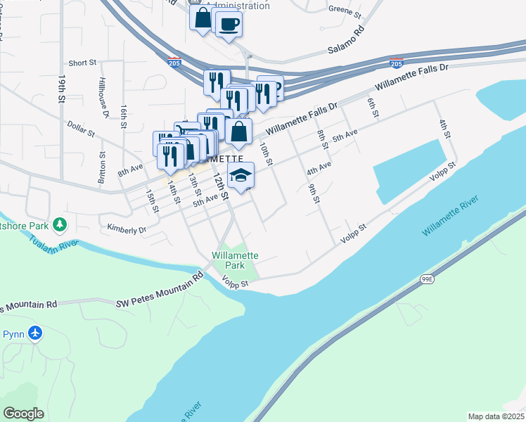 map of restaurants, bars, coffee shops, grocery stores, and more near 1273 11th Street in West Linn