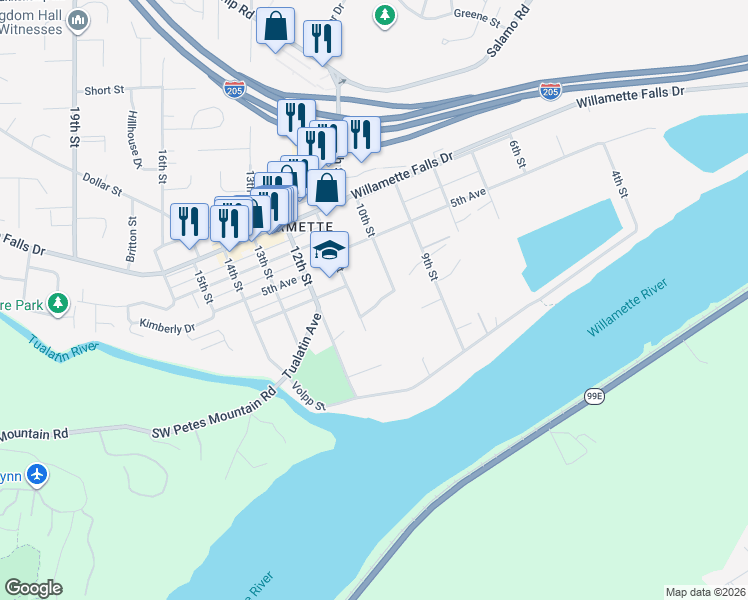 map of restaurants, bars, coffee shops, grocery stores, and more near 2035 Leslies Way in West Linn
