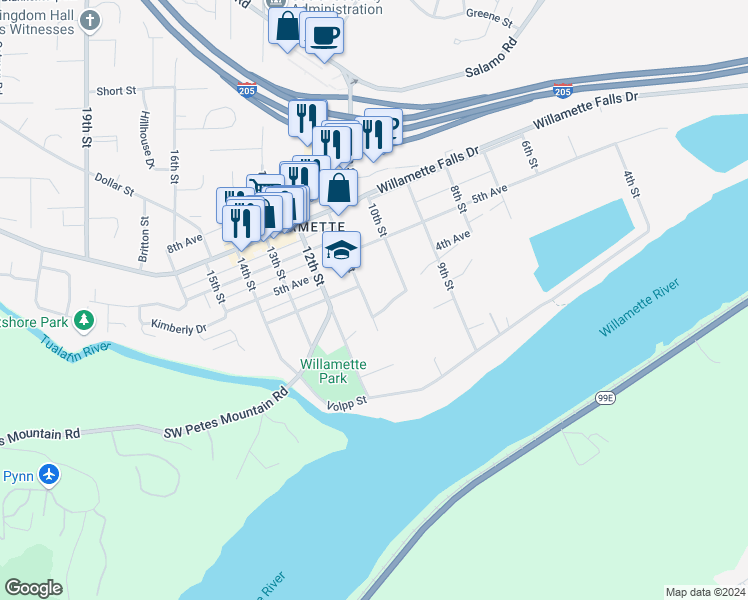 map of restaurants, bars, coffee shops, grocery stores, and more near 1273 11th Street in West Linn