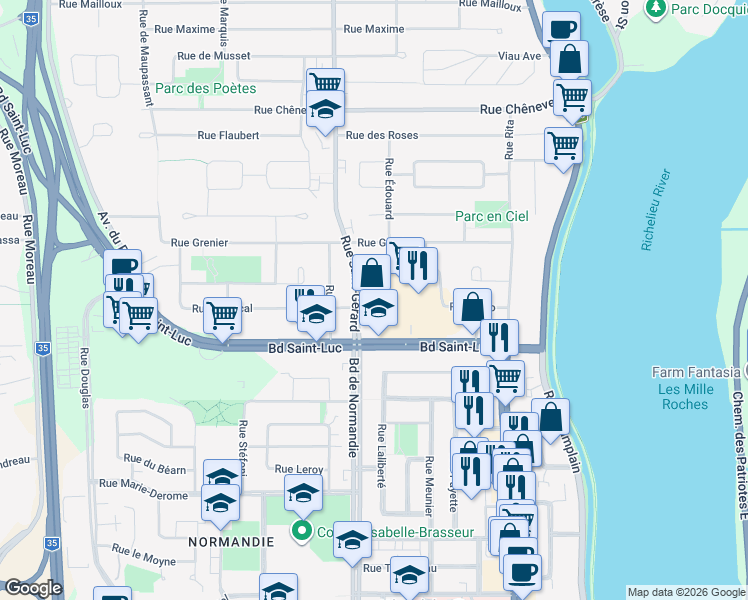 map of restaurants, bars, coffee shops, grocery stores, and more near 70 Rue Sénécal in Saint-Jean-sur-Richelieu
