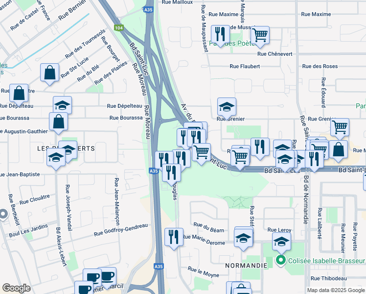map of restaurants, bars, coffee shops, grocery stores, and more near 1303 Rue Douglas in Saint-Jean-sur-Richelieu