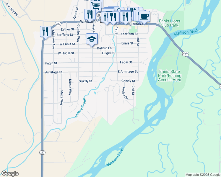 map of restaurants, bars, coffee shops, grocery stores, and more near 703-707 1st St in Ennis