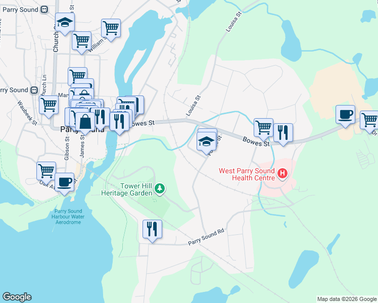 map of restaurants, bars, coffee shops, grocery stores, and more near 8 A Meadow Street in Parry Sound