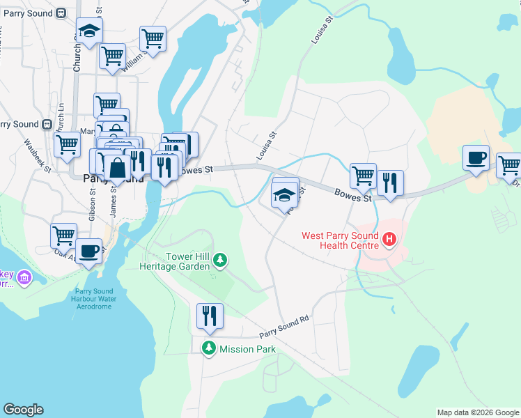map of restaurants, bars, coffee shops, grocery stores, and more near 8 A Meadow Street in Parry Sound