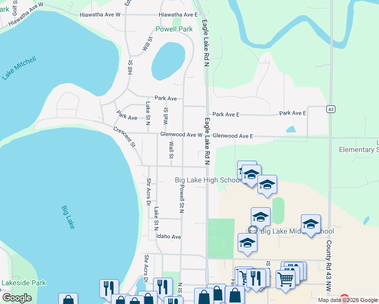 map of restaurants, bars, coffee shops, grocery stores, and more near 1020 Powell Street North in Big Lake