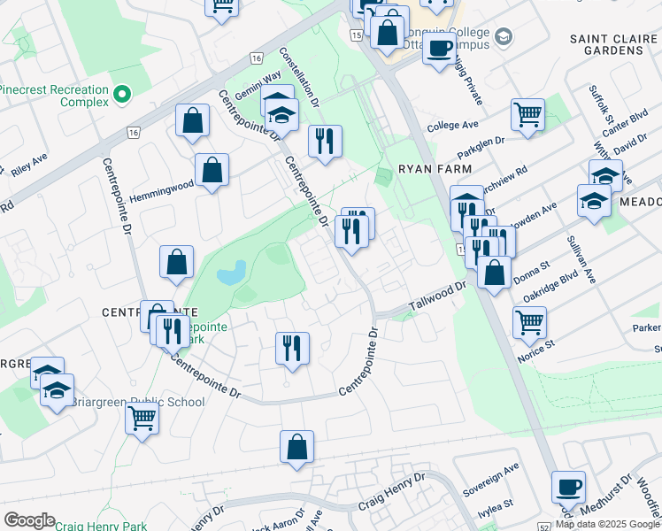 map of restaurants, bars, coffee shops, grocery stores, and more near 176 Paseo Private in Ottawa