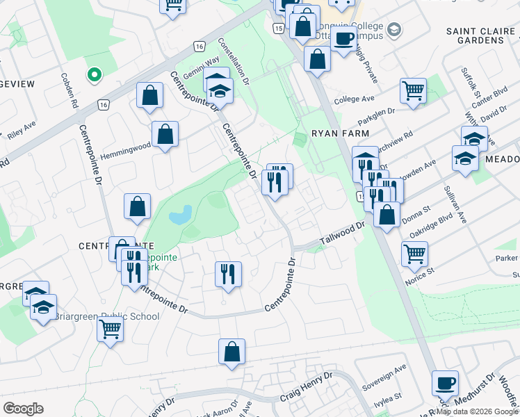 map of restaurants, bars, coffee shops, grocery stores, and more near 176 Paseo Private in Ottawa