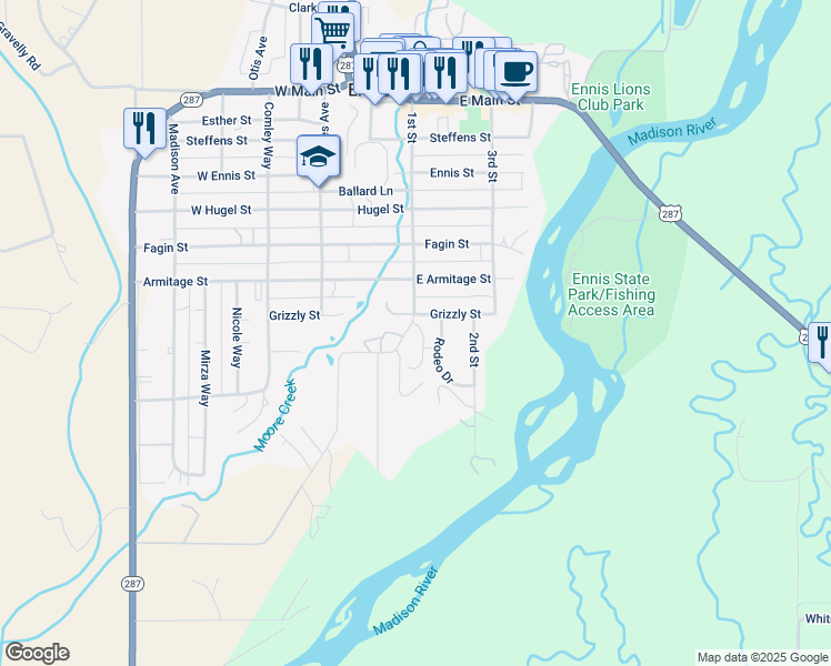 map of restaurants, bars, coffee shops, grocery stores, and more near 703 1st Street in Ennis