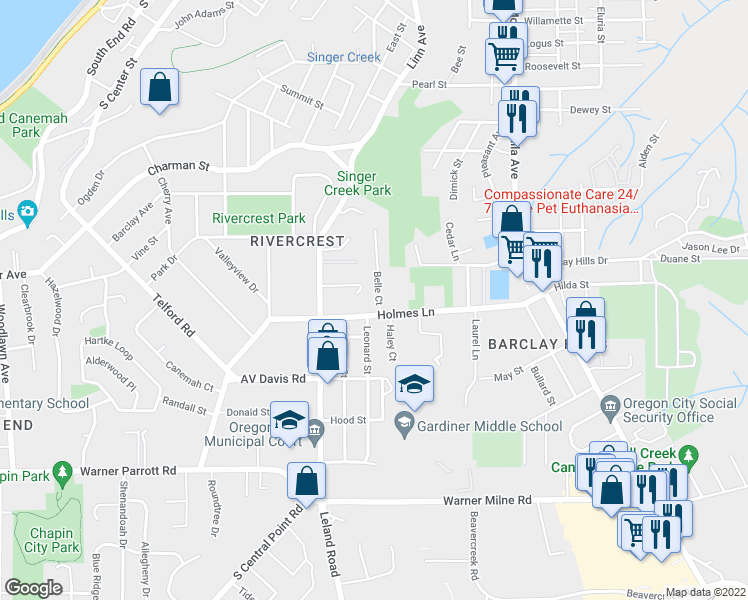 map of restaurants, bars, coffee shops, grocery stores, and more near 112 Belle Court in Oregon City