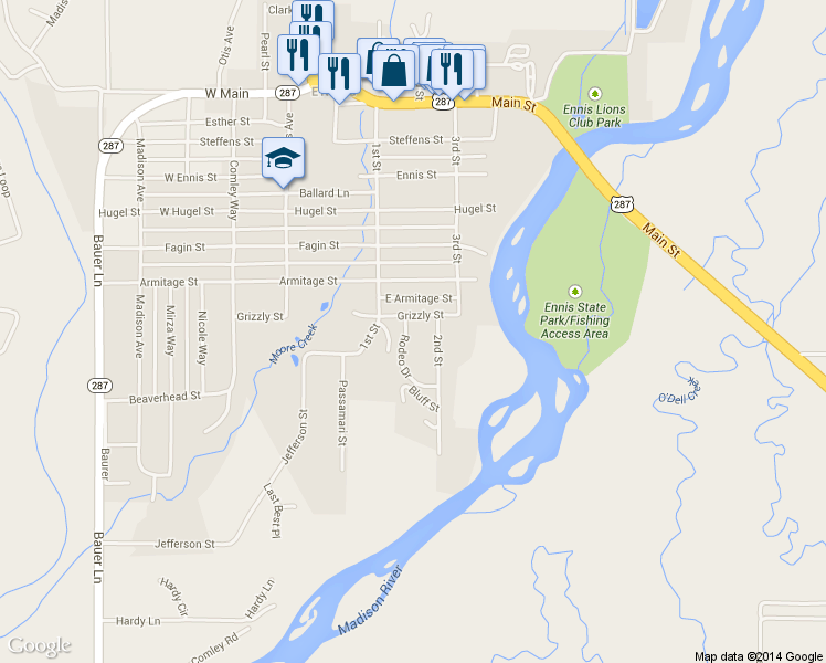 map of restaurants, bars, coffee shops, grocery stores, and more near Rowdy Way in Ennis