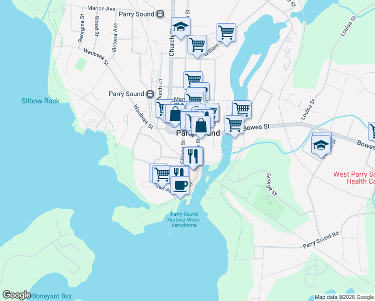 map of restaurants, bars, coffee shops, grocery stores, and more near 31 Gibson Street in Parry Sound