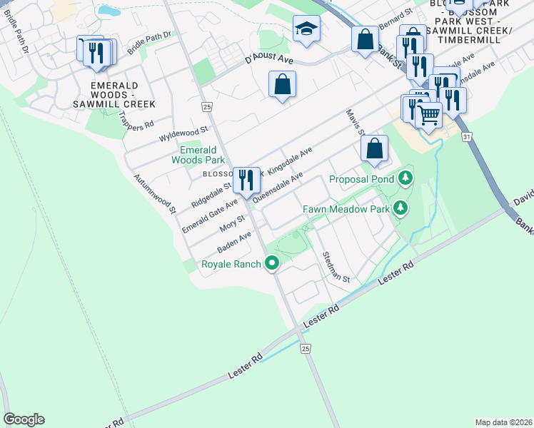 map of restaurants, bars, coffee shops, grocery stores, and more near 156 Parkin Circle in Ottawa