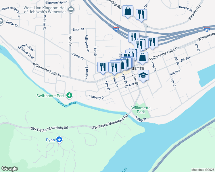 map of restaurants, bars, coffee shops, grocery stores, and more near 15th Street in West Linn