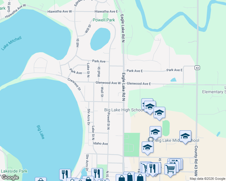 map of restaurants, bars, coffee shops, grocery stores, and more near 1020 Powell Street North in Big Lake