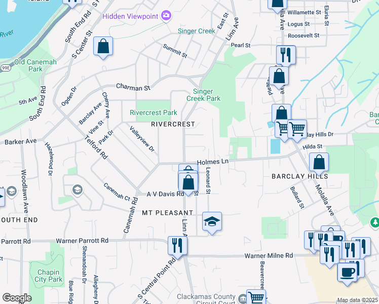 map of restaurants, bars, coffee shops, grocery stores, and more near 863 Linn Avenue in Oregon City