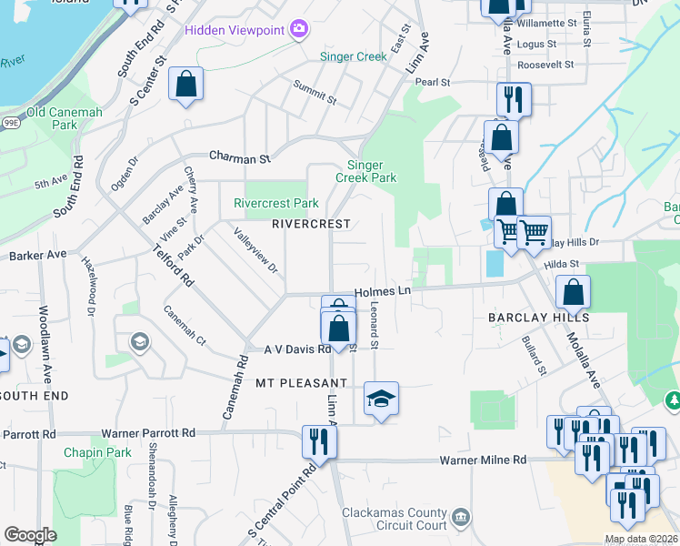 map of restaurants, bars, coffee shops, grocery stores, and more near 863 Linn Avenue in Oregon City