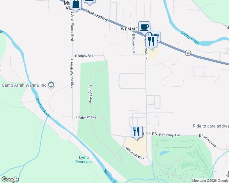 map of restaurants, bars, coffee shops, grocery stores, and more near 25325 East Welches Road in Mount Hood Village