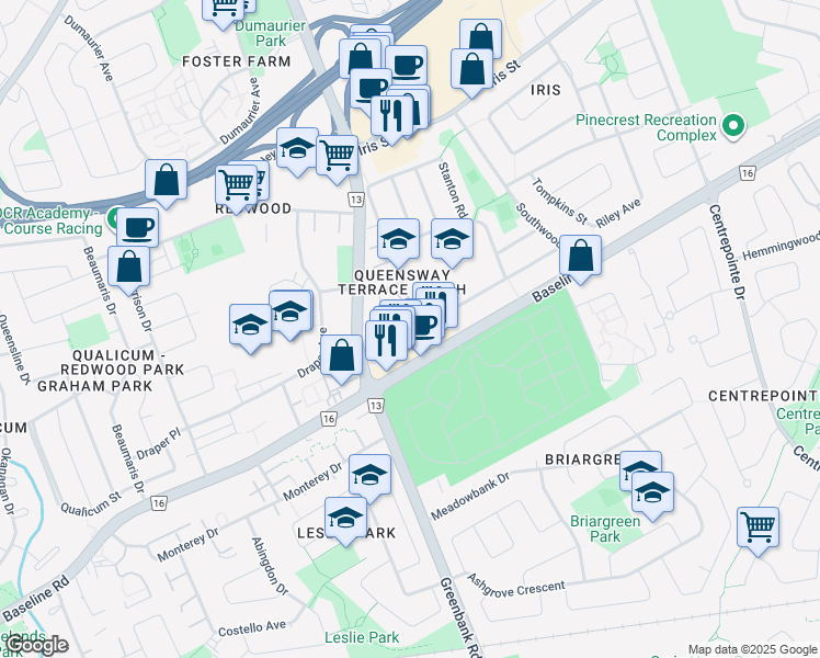 map of restaurants, bars, coffee shops, grocery stores, and more near 2545 Baseline Road in Ottawa
