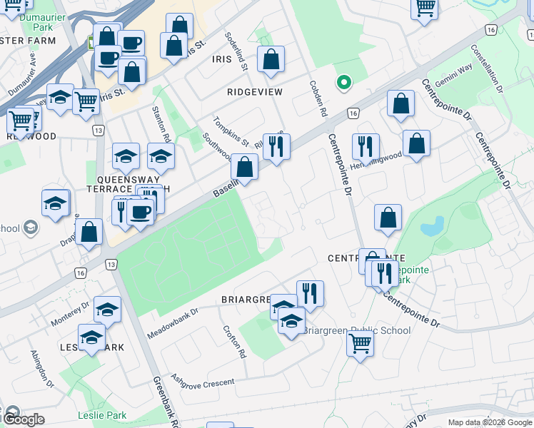map of restaurants, bars, coffee shops, grocery stores, and more near 21 Rockway Crescent in Ottawa