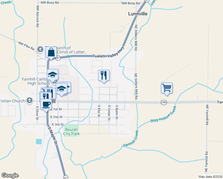 map of restaurants, bars, coffee shops, grocery stores, and more near 245 North Cedar Street in Yamhill