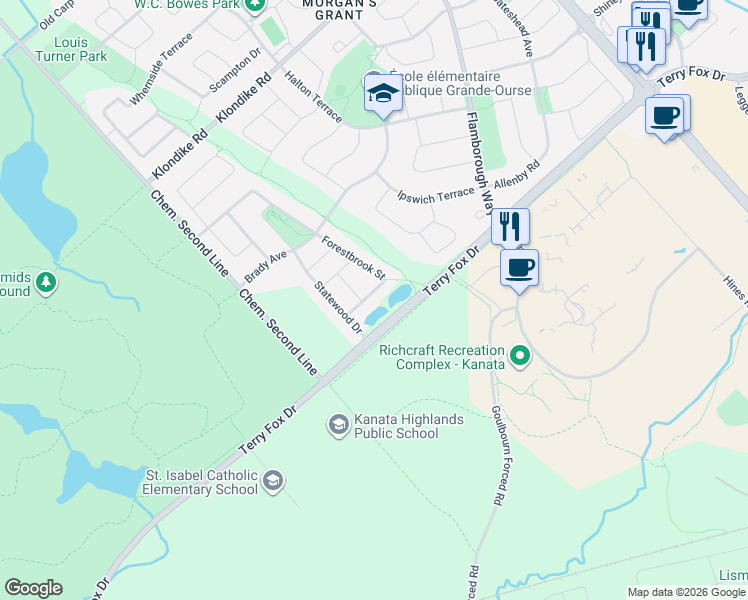 map of restaurants, bars, coffee shops, grocery stores, and more near 340 Forestbrook Street in Ottawa