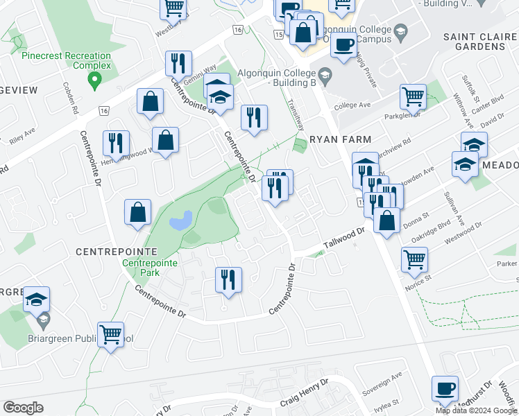 map of restaurants, bars, coffee shops, grocery stores, and more near Paseo Private in Ottawa