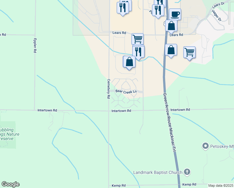 map of restaurants, bars, coffee shops, grocery stores, and more near 1666-1698 Bear Creek Lane in Petoskey
