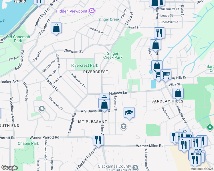 map of restaurants, bars, coffee shops, grocery stores, and more near 406 Eastfield Drive in Oregon City