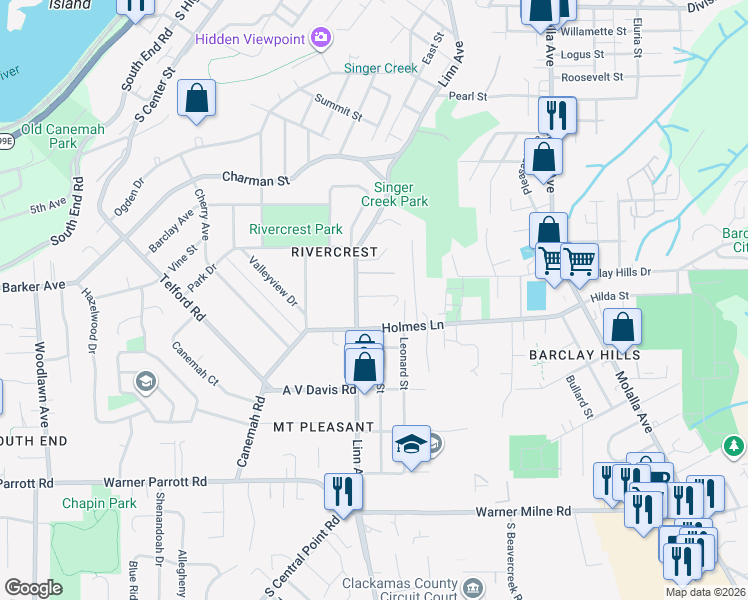 map of restaurants, bars, coffee shops, grocery stores, and more near 406 Eastfield Drive in Oregon City