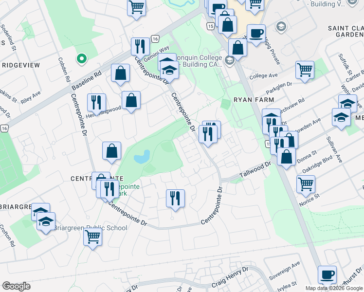 map of restaurants, bars, coffee shops, grocery stores, and more near 304 Paseo Private in Ottawa