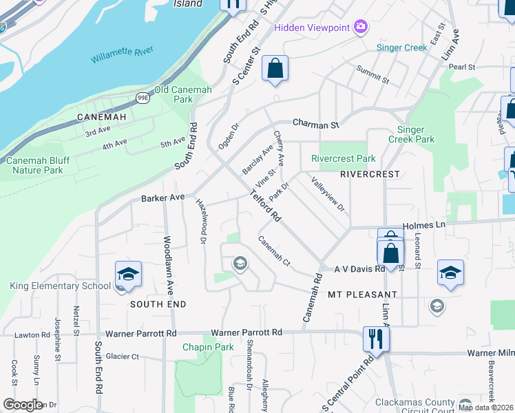map of restaurants, bars, coffee shops, grocery stores, and more near 306 Vine Street in Oregon City