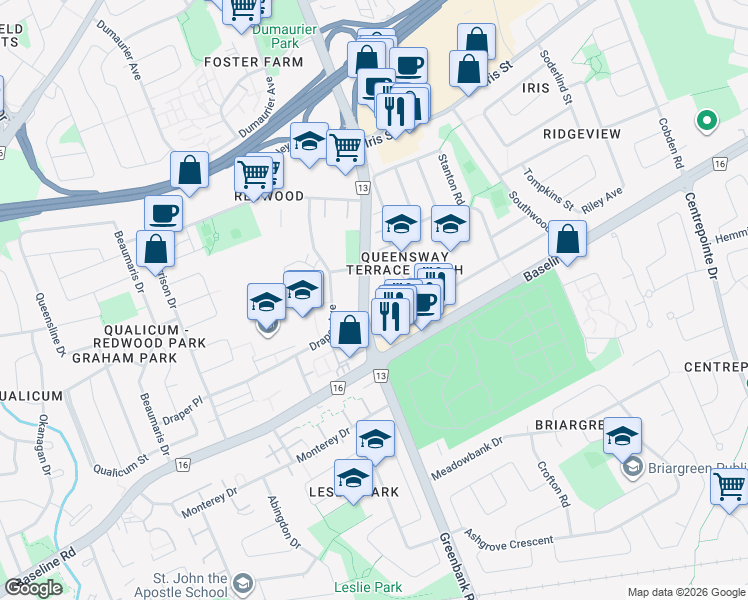 map of restaurants, bars, coffee shops, grocery stores, and more near 1300 Pinecrest Road in Ottawa