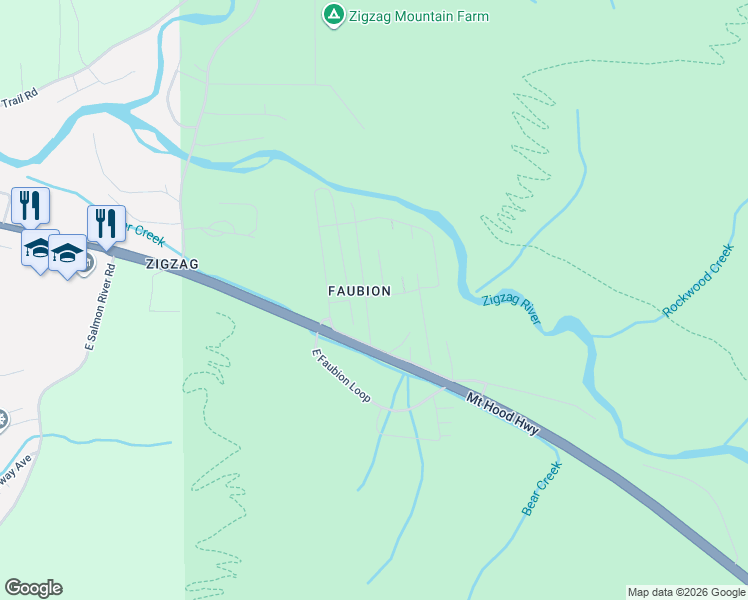 map of restaurants, bars, coffee shops, grocery stores, and more near 24945 East Old Smokey Road in Rhododendron