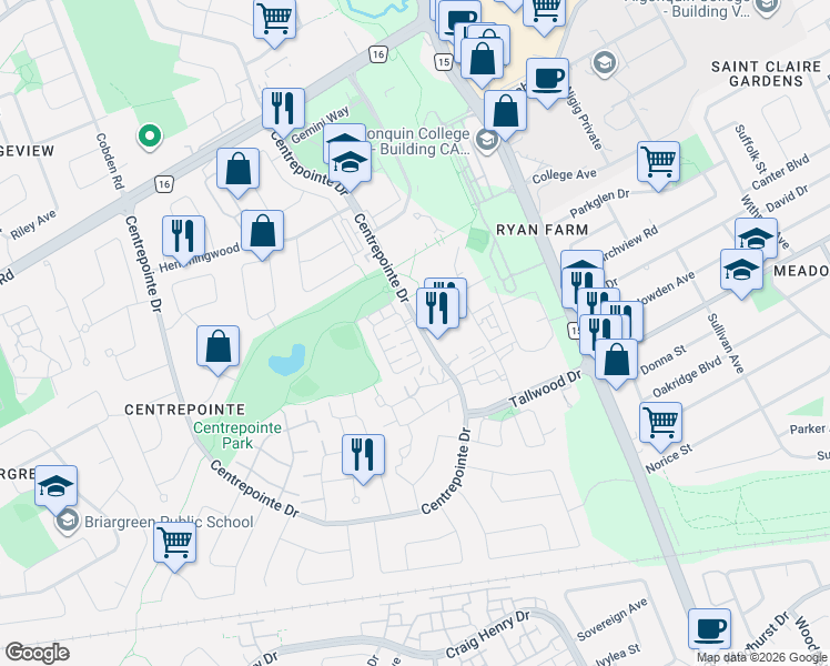map of restaurants, bars, coffee shops, grocery stores, and more near 122B Centrepointe Drive in Ottawa
