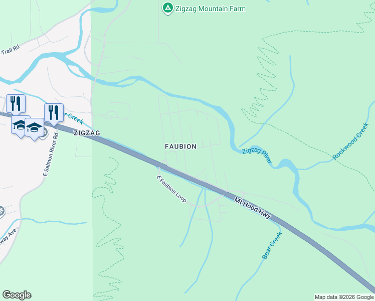map of restaurants, bars, coffee shops, grocery stores, and more near 24945 East Old Smokey Road in Rhododendron