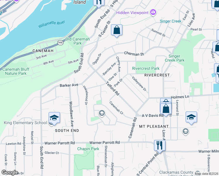 map of restaurants, bars, coffee shops, grocery stores, and more near 306 Vine Street in Oregon City
