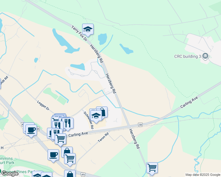 map of restaurants, bars, coffee shops, grocery stores, and more near 250 Herzberg Road in Ottawa