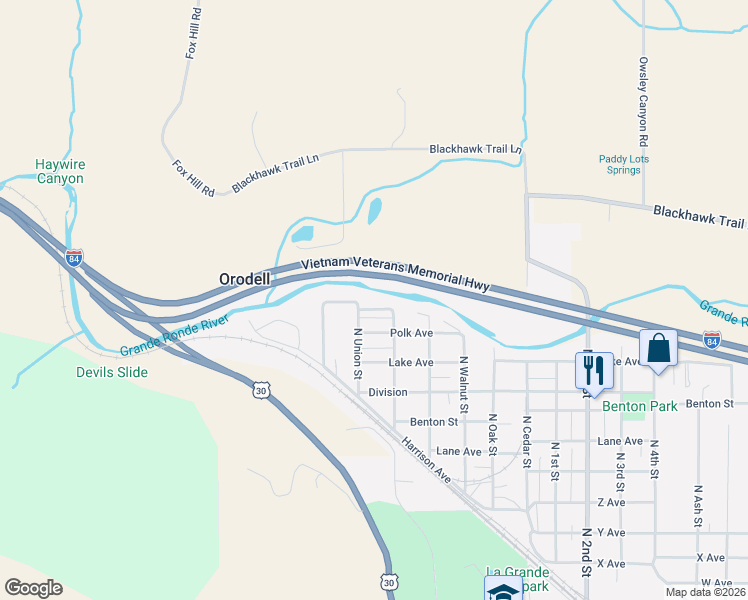 map of restaurants, bars, coffee shops, grocery stores, and more near North Union Street in La Grande
