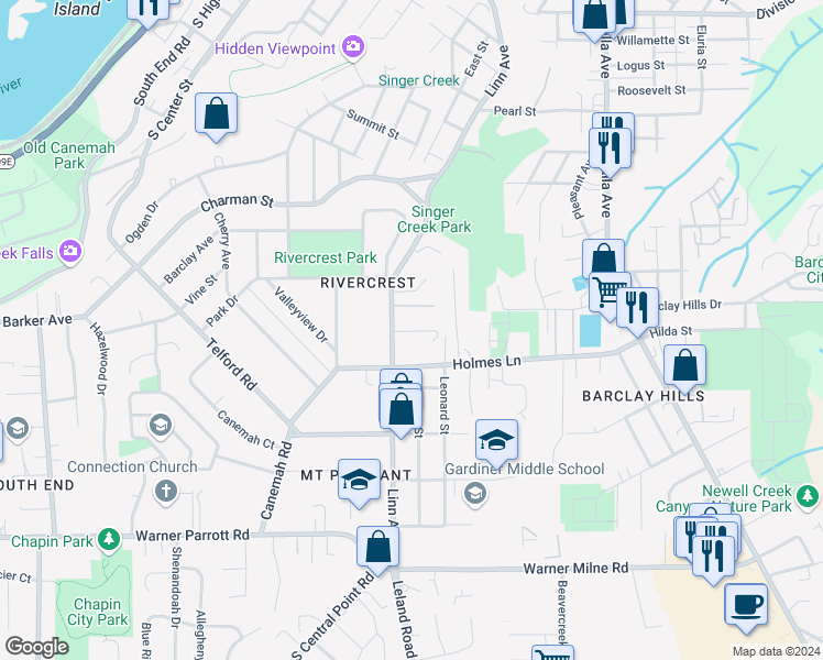 map of restaurants, bars, coffee shops, grocery stores, and more near 827 Linn Avenue in Oregon City