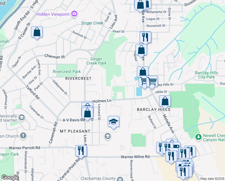 map of restaurants, bars, coffee shops, grocery stores, and more near 471 Mountain View Street in Oregon City
