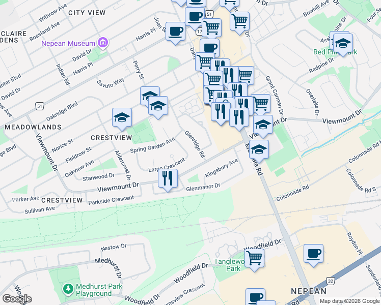map of restaurants, bars, coffee shops, grocery stores, and more near 12 Largo Crescent in Ottawa