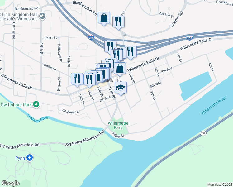 map of restaurants, bars, coffee shops, grocery stores, and more near 1403 12th Street in West Linn