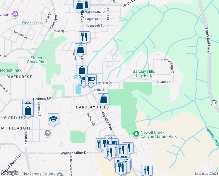 map of restaurants, bars, coffee shops, grocery stores, and more near 459 Hilda Street in Oregon City