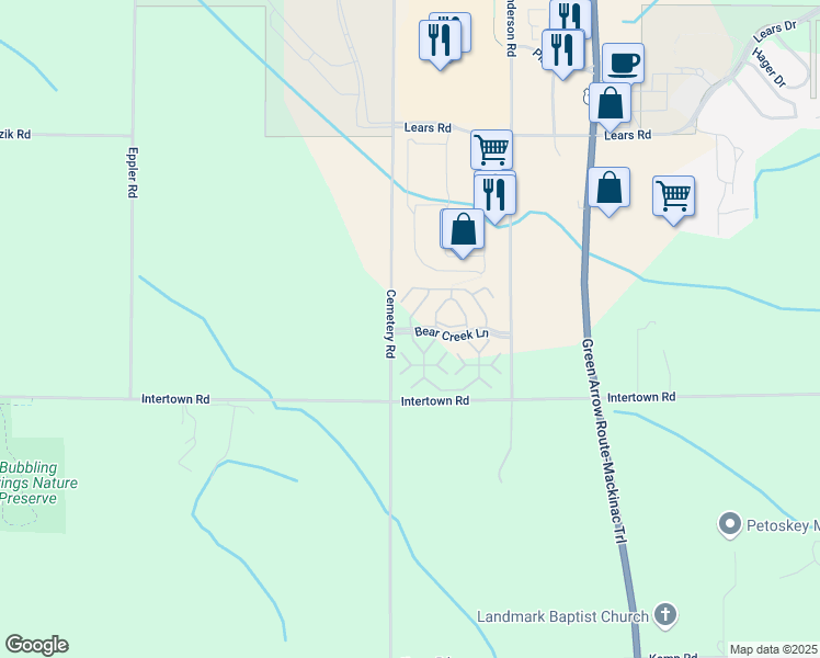 map of restaurants, bars, coffee shops, grocery stores, and more near 1666 Bear Creek Lane in Petoskey