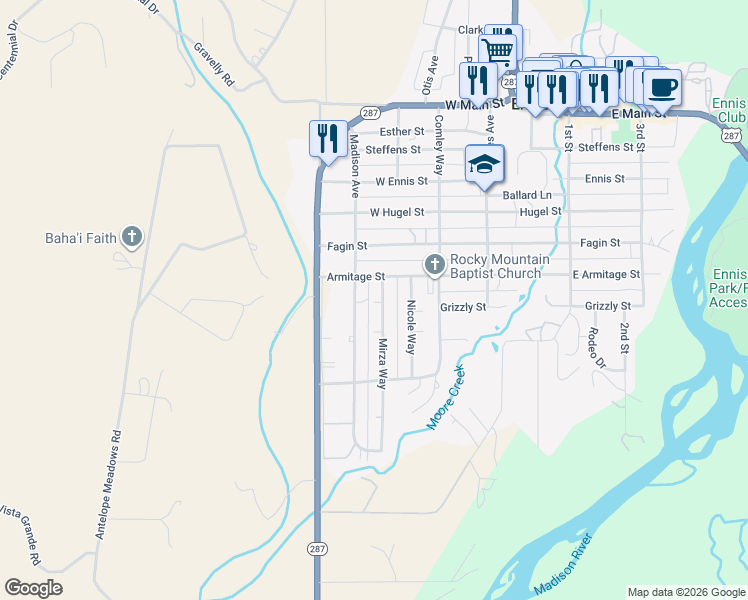 map of restaurants, bars, coffee shops, grocery stores, and more near 601-709 Mirza Way in Ennis