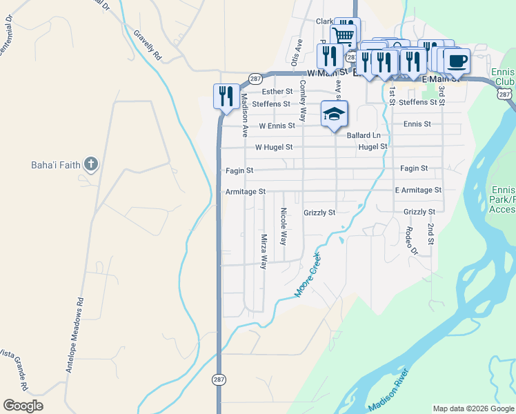 map of restaurants, bars, coffee shops, grocery stores, and more near 601-709 Mirza Way in Ennis