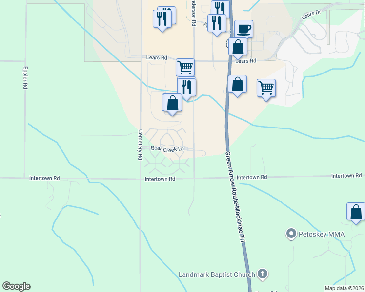 map of restaurants, bars, coffee shops, grocery stores, and more near 1544-1572 Bear Creek Lane in Petoskey